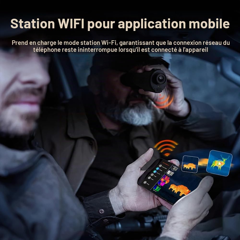 Monoculaire Thermique Portable pour Chasse, 384x288 Ai15 Vision Nocturne, Grand Écran AMOLED 1,43", Vision Thermique Nocturne avec Wi-FI Hotspot/STA/Micro, Autonomie 12h+