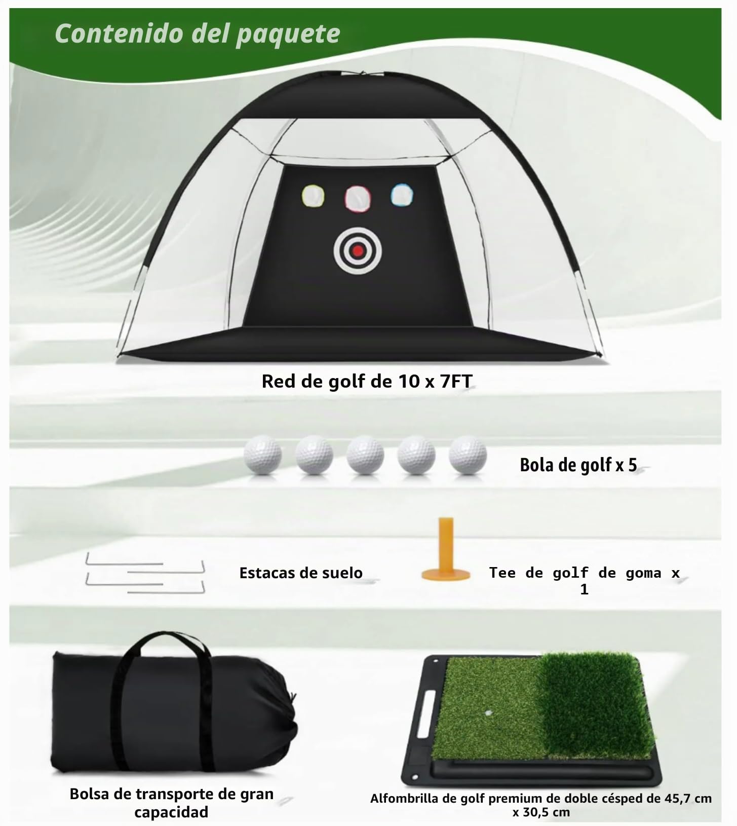 Jaula de golf de práctica 5 en 1 10 x 7 pies con objetivos de astillado, juego completo con alfombrilla, pelotas, camisetas y bolsa de transporte