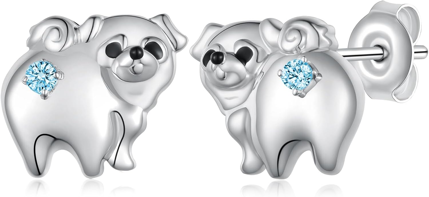 Pug Earrings Sterling Silver Dog Birthstone Earrings Pug Birthstone Gifts Jewelry for Women