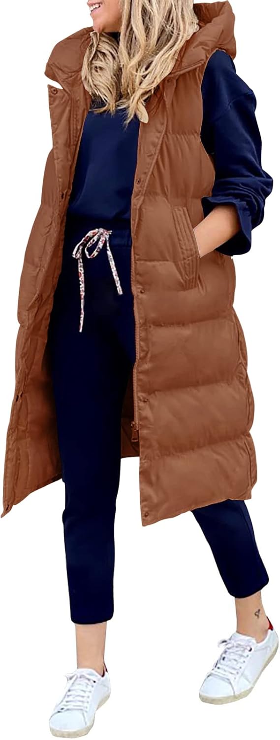 LEANI Womens 2025 Long Puffer Vest Full-Zip Hooded Sleeveless Down Jacket Coats with Pockets