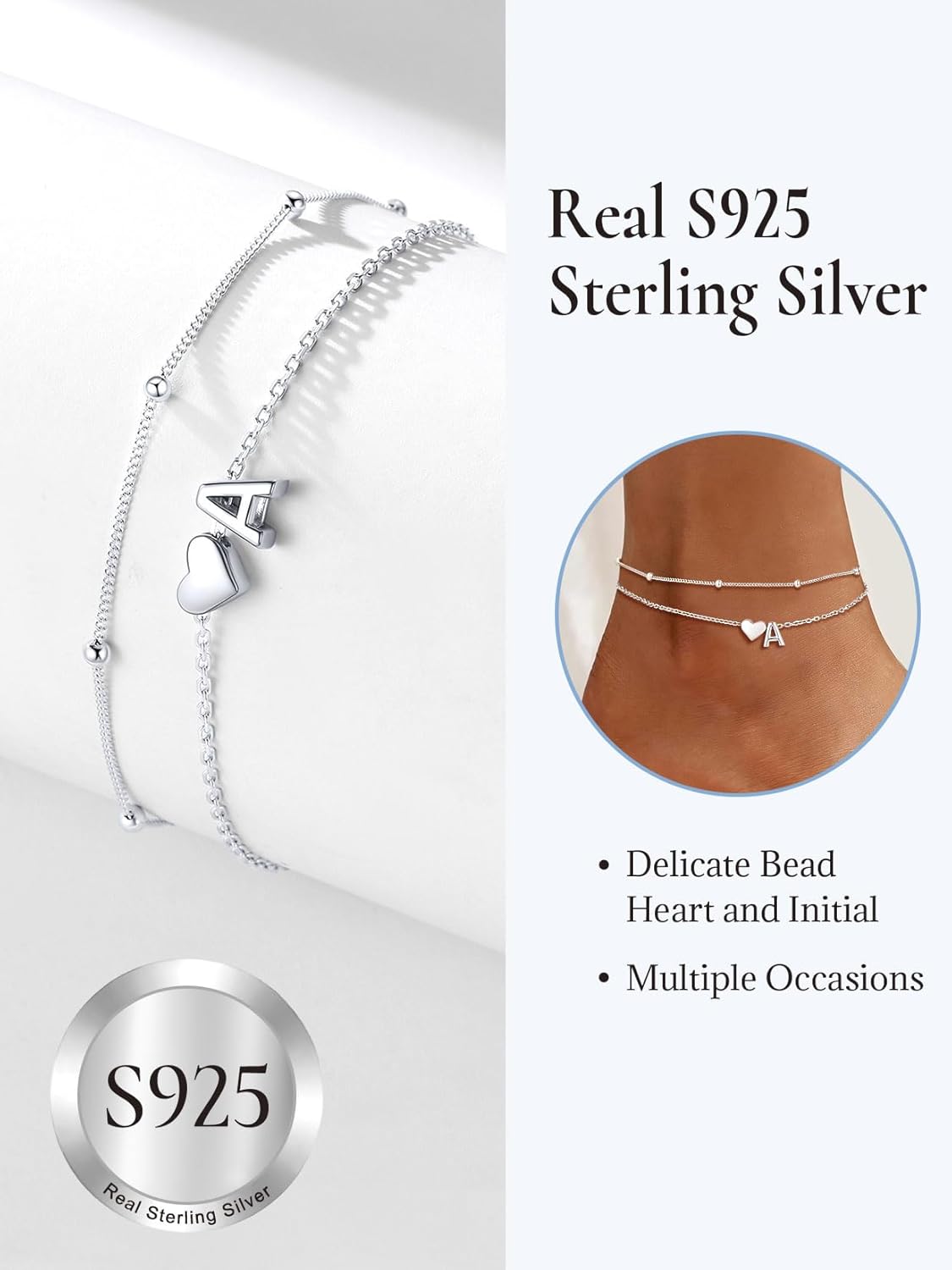 SILVERCUTE Silver Anklets for Women, Waterproof Initial Heart Ankle Bracelets Sterling Silver, Adjustable Layered Foot Jewelry Summer Beach Fashion with Personalized Name Design, Gift Package - Image 6