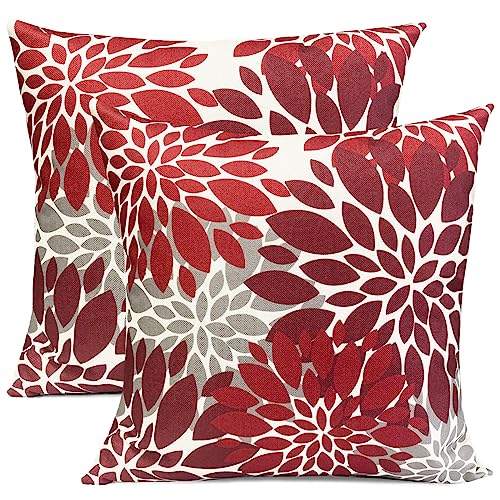 RYSMIYOU Decorative Throw Pillow Covers Set of 2 Wine Red Pillow Covers 18x18 inch Throw Pillow Cases Linen Square Pillow Case,Farmhouse Outdoor Floral Flower Pillow Covers for Couch Sofa Living Room