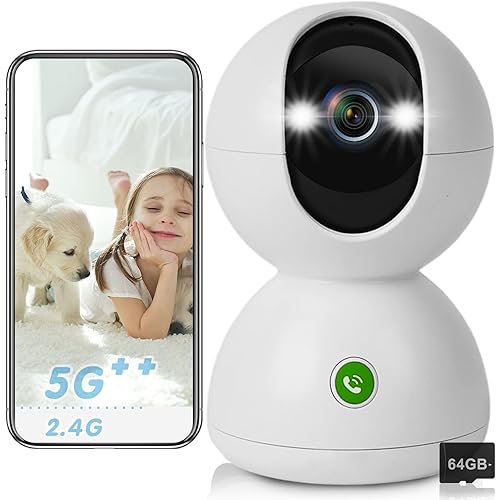 2.5K 5GHz & 2.4GHz Indoor Security Camera Wireless,Pet Camera for Home Security for Baby/ Cat /Dog, 7/24 Motion Tracking,Spotlight & Siren Alarm ,One Click to Call(64GB Included)
