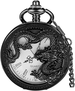 Alwesam Dragon Design Quartz Pocket Watch Roman Numerals with Chain Birthdays Gifts for Father's Days