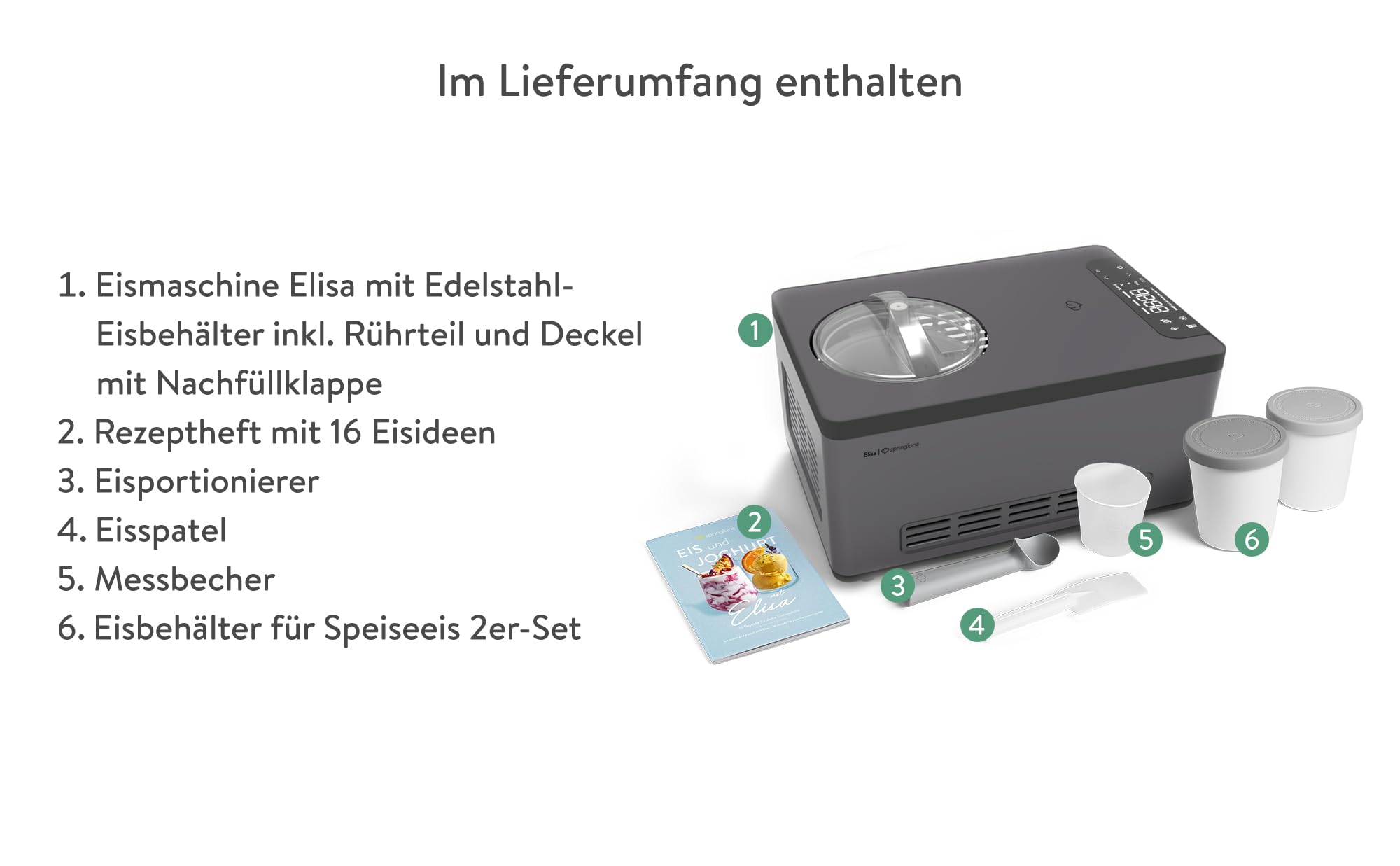 SPRINGLANE Eismaschine & Joghurtbereiter Elisa 2,0 L mit selbstkühlendem Kompressor 220 W, aus Edelstahl mit Kühl- und Heizfunktion (Elisa Anthrazit, Eismaschine + 2 Eisbehälter Grau)