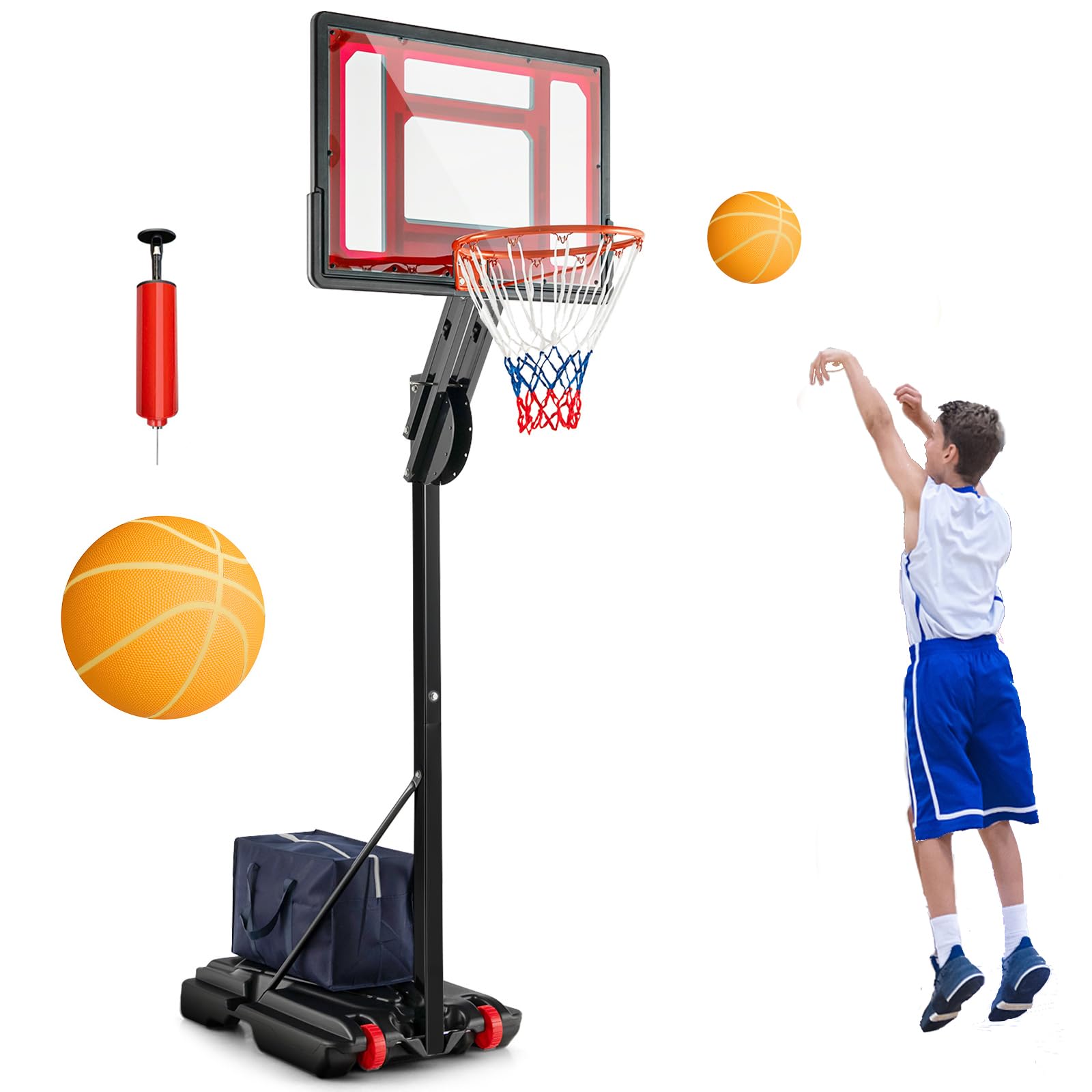 GYMAX Canestro Basket Portatile, Canestro da Basket Regolabile in Altezza 155-310 CM inclusi Pallone da Basket e una Pompa, con Tabellone Infrangibile 2 Ruote Base e Borsa, per Bambini e Adulti