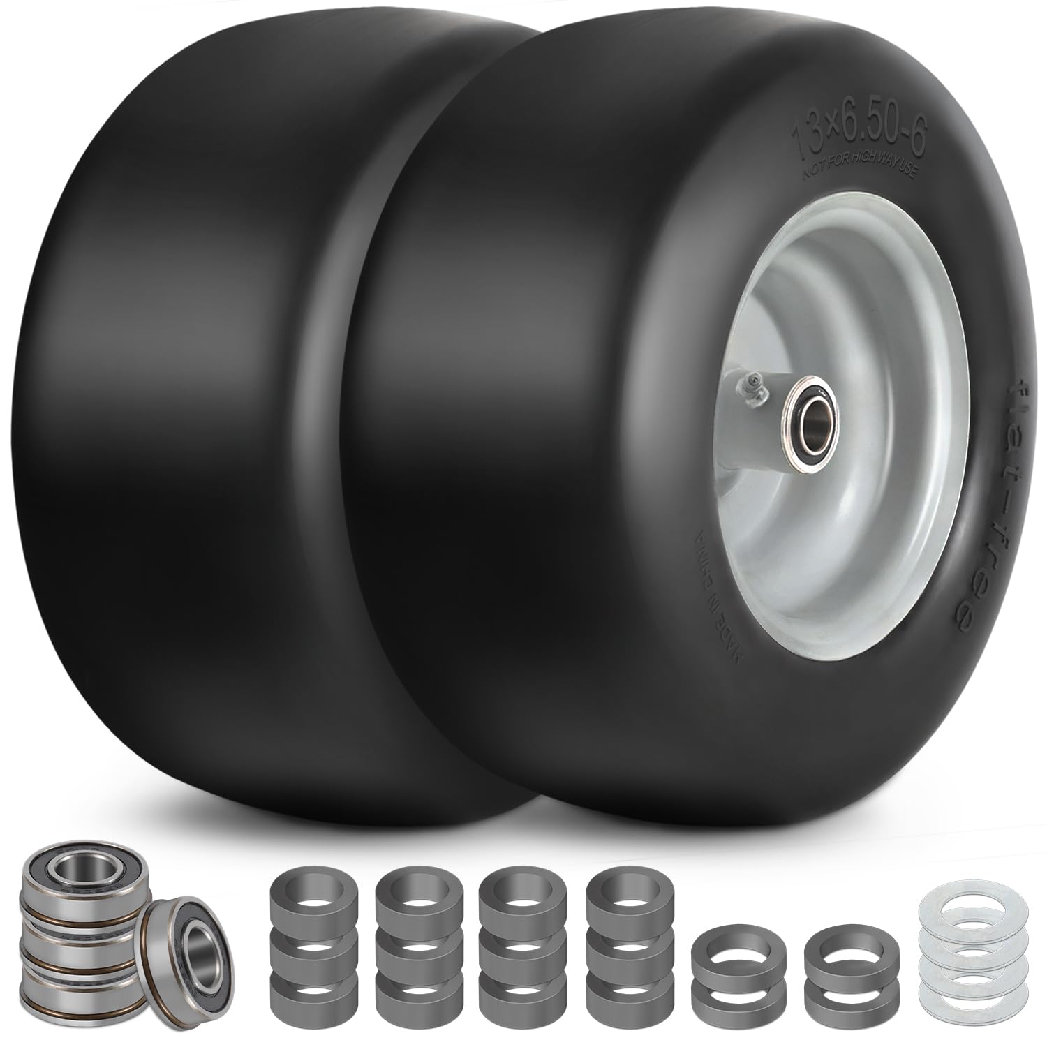 13x6.50-6 Flat Free Tire and Wheel with 3/4" & 5/8" Bearings, 13x6.50-6 Lawn Mower Tires for Zero Turn Mower, Riding Lawn Mower for Commercial Grade Lawn, 4"-7.2" Centered Hub (Gray-2 Pack)