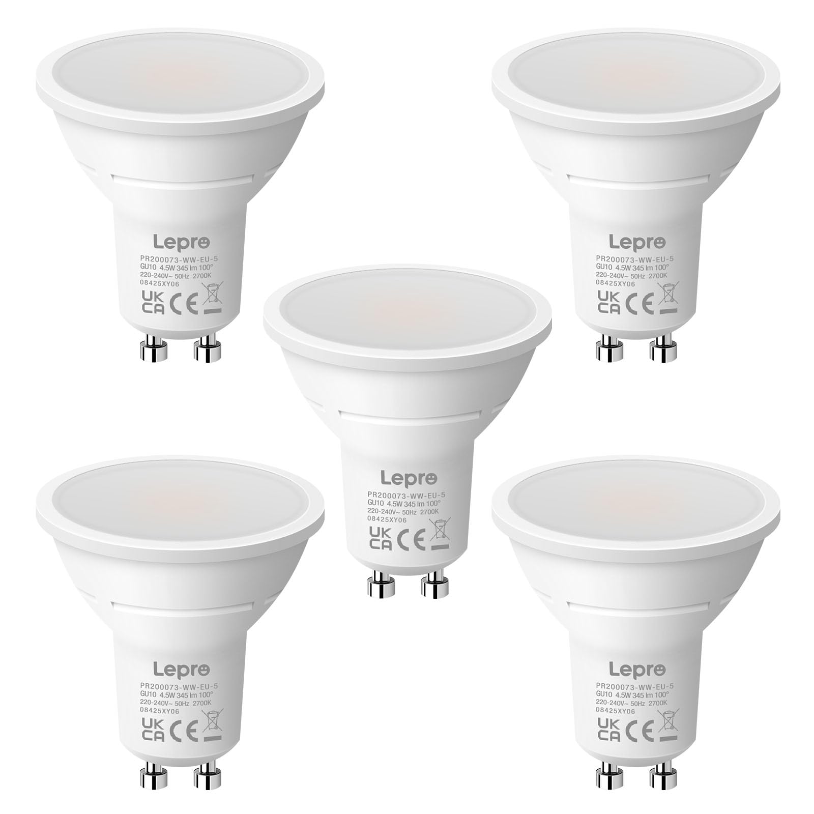 Lepro GU10 LED Bulbs Warm White, 4.5W 345lm 2700K, Energy Saving GU10 LED Light Bulbs, 50W Halogen Spotlight Equivalent, 100° Beam Angle, Non Dimmable, Pack of 5 [Energy Class F]