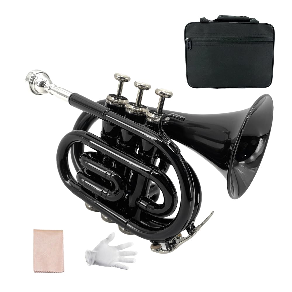 Tromba tascabile professionale in ottone con finitura laccata con custodia e accessori per la pulizia per principianti e musicisti (nero)