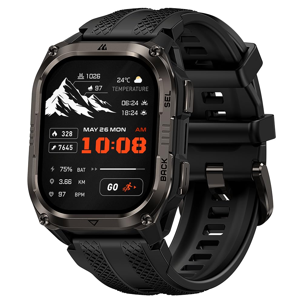 KOSPET Pulse 2 Montre Connectée Homme, GPS, Lampe Torche LED, Talkie Walkie | 1,96'' AMOLED, Rugged Lunette en Alliage, 5 ATM/IP69, Militaire, Moniteur de Fréquence Cardiaque/Sommeil, 450mAh, Android/iOS