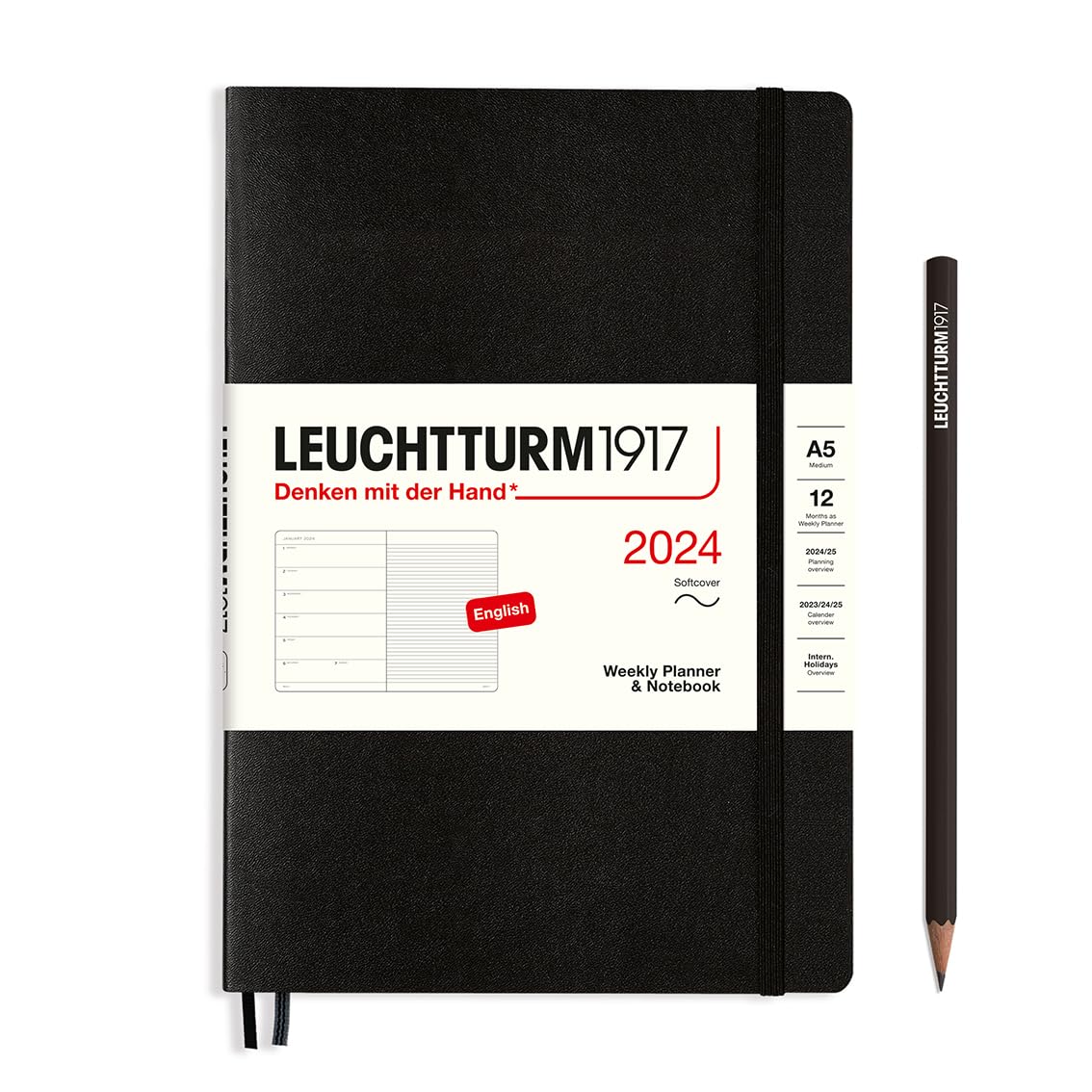 Leuchtturm1917 2024 Weekly Planner & Notebook, Medium (A5), Softcover, Black, English