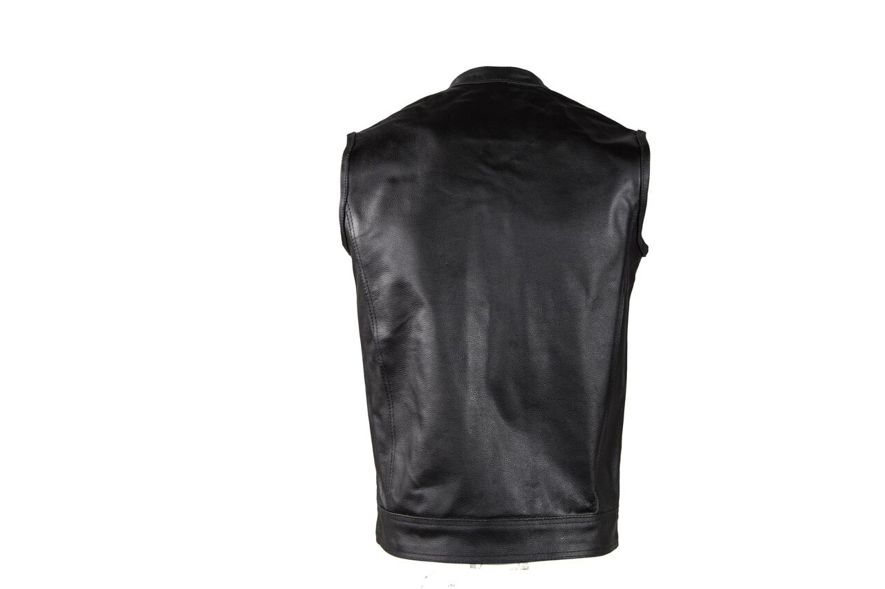 Black Leather SOA style motorcycle vest with Gun Pockets and holster
