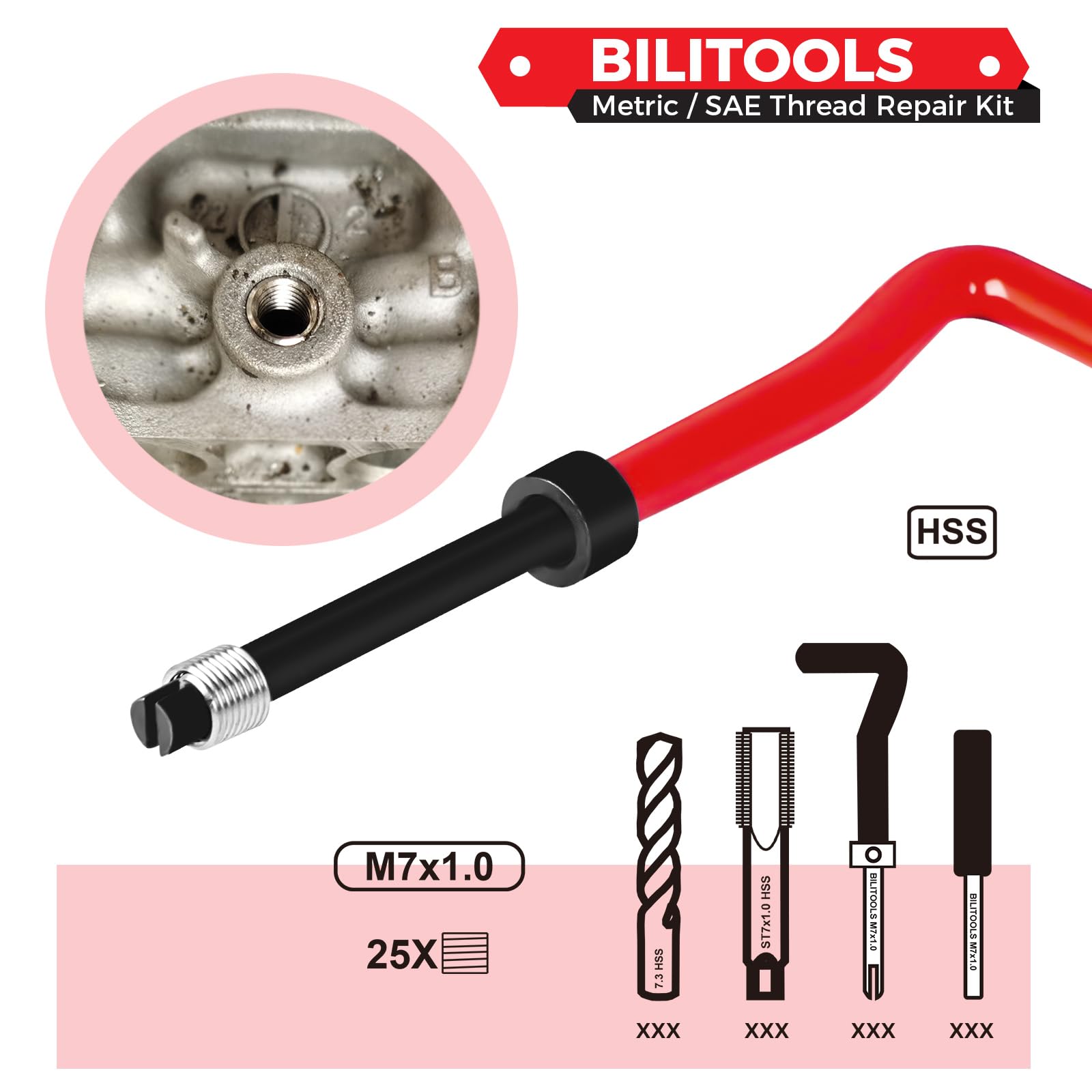 BILITOOLS Helicoil - Kit di riparazione filettature metriche M7 x 1.0 HSS, kit di riparazione elicoil