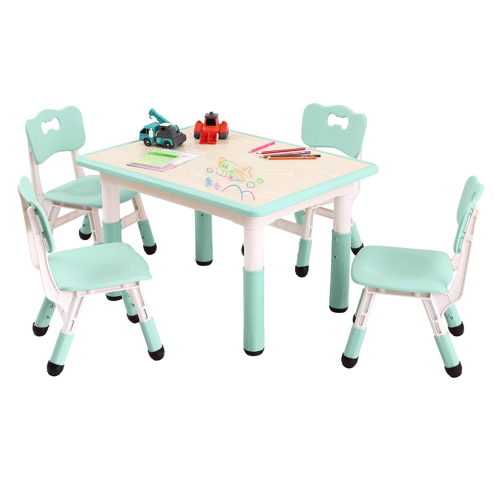 GarveeHome Kids Table and 4 Chairs Set – Height Adjustable, Graffiti-Resistant, Non-Slip, Supports Up to 300lbs – Activity Desk for Ages 2-10, Study, Arts, Daycare, Study room – Lake Blue