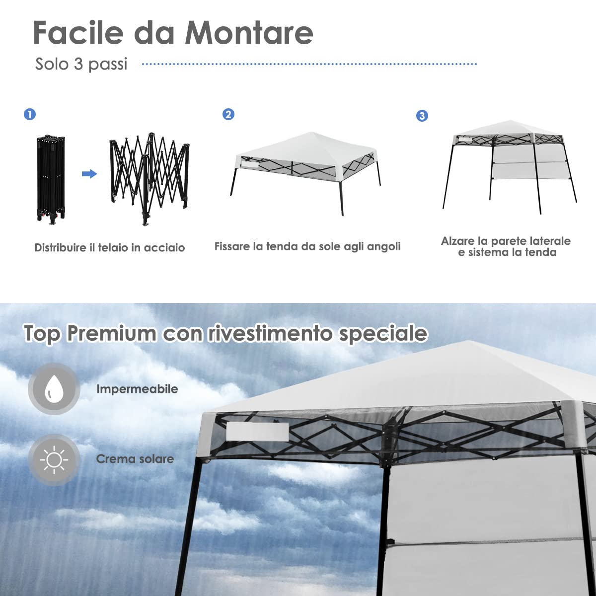 COSTWAY Gazebo Pieghevole da Giardino 210 x 210CM, Struttura in Acciaio, Altezza Regolabile, Gazebo da Esterno con Borsa, Ideale per Feste, Barbecue, Giardino e Spiaggia (bianco)