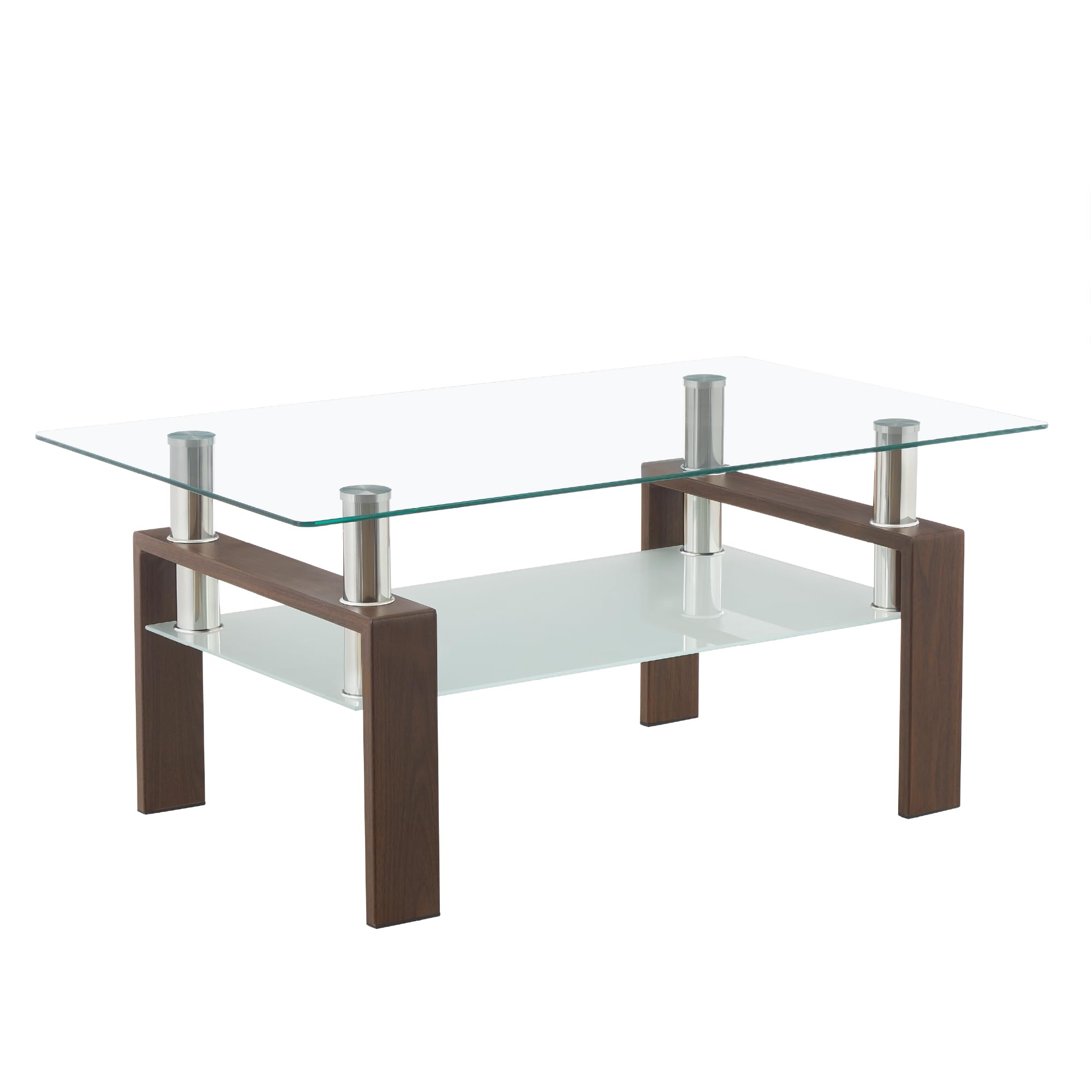 Tavolino 100 x 60 x 44 cm Porter, Tavolino rettangolare con vetro temperato trasparente da 6 mm e struttura con finitura effetto noce, design elegante, per soggiorno e zona lounge