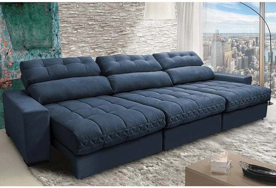 Sofá Retrátil e Reclinável com Molas Ensacadas Cama Inbox Master 3,22m Tecido Suede Azul