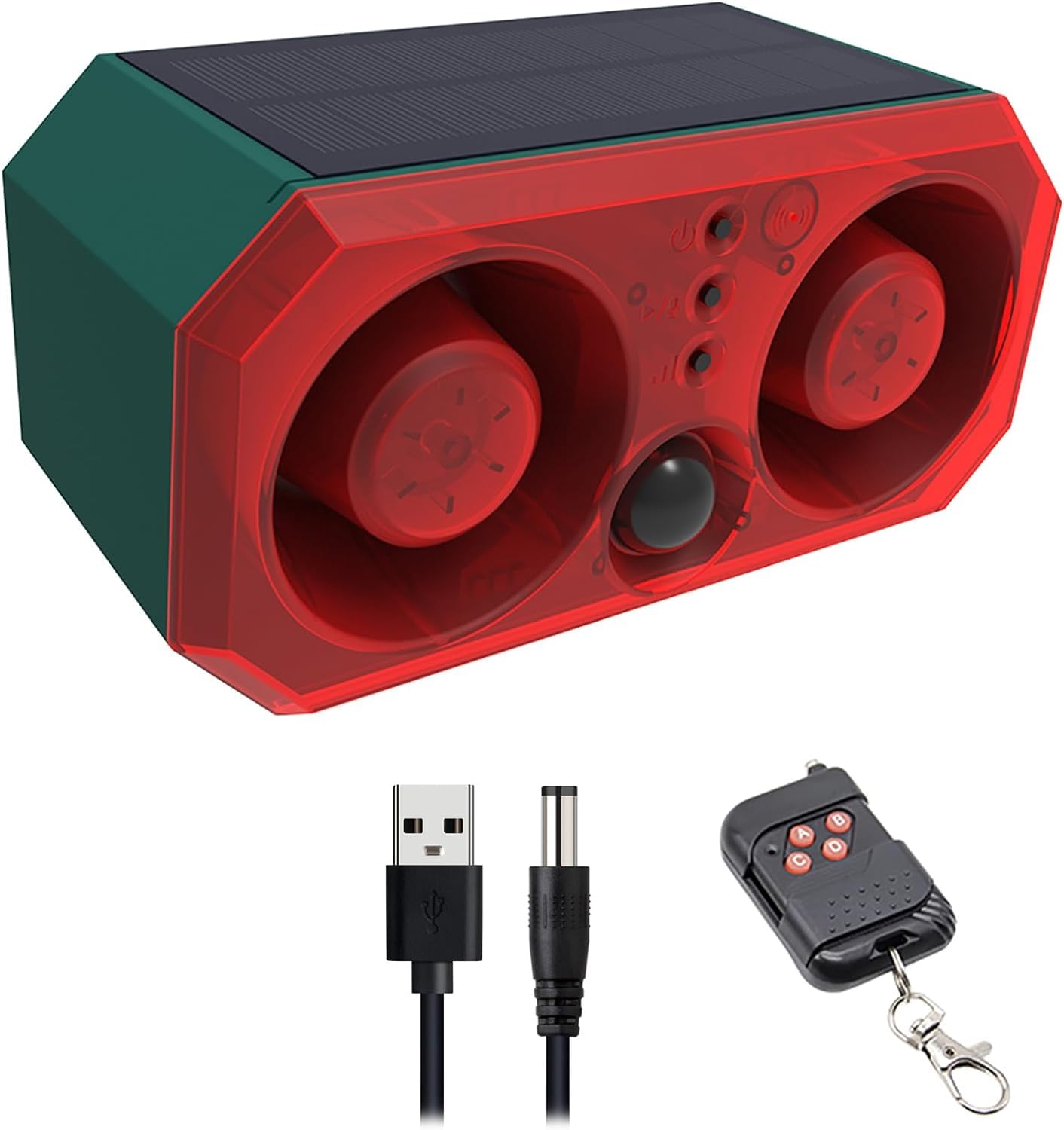 Solar Bewegungsmelder Alarm mit 13Sounds & Aufzeichnung & Einstellbare Lautstärke,130db Dual Lautsprecher Schussgeräuschen Hundegebell Sound Stroboskoplicht,Sirene und Strobe Alarm (1)