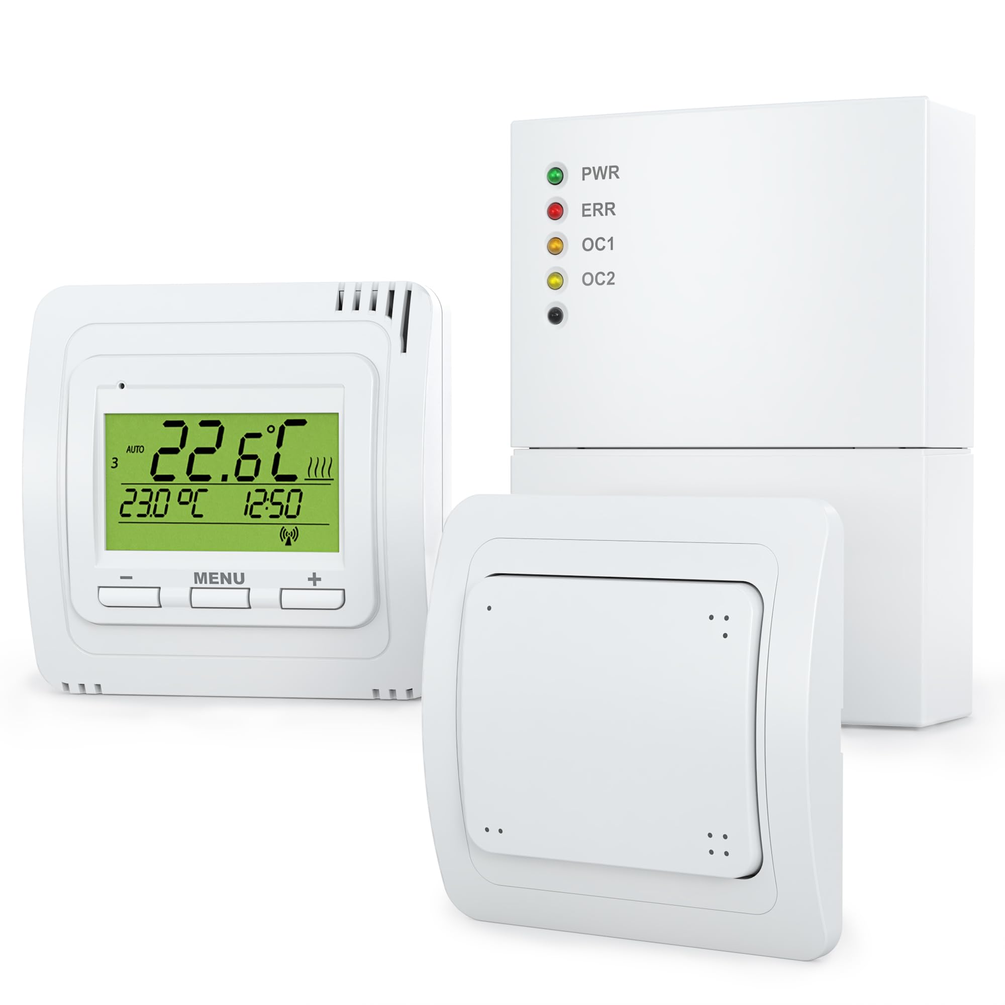 Funk Raumthermostat Set EB71332-2R | Heizungssteuerung & Lichtsteuerung mit Empfänger, Thermostat & Funktaster | Energiesparend mit Wochenprogramm, Frostschutz & Kindersicherung