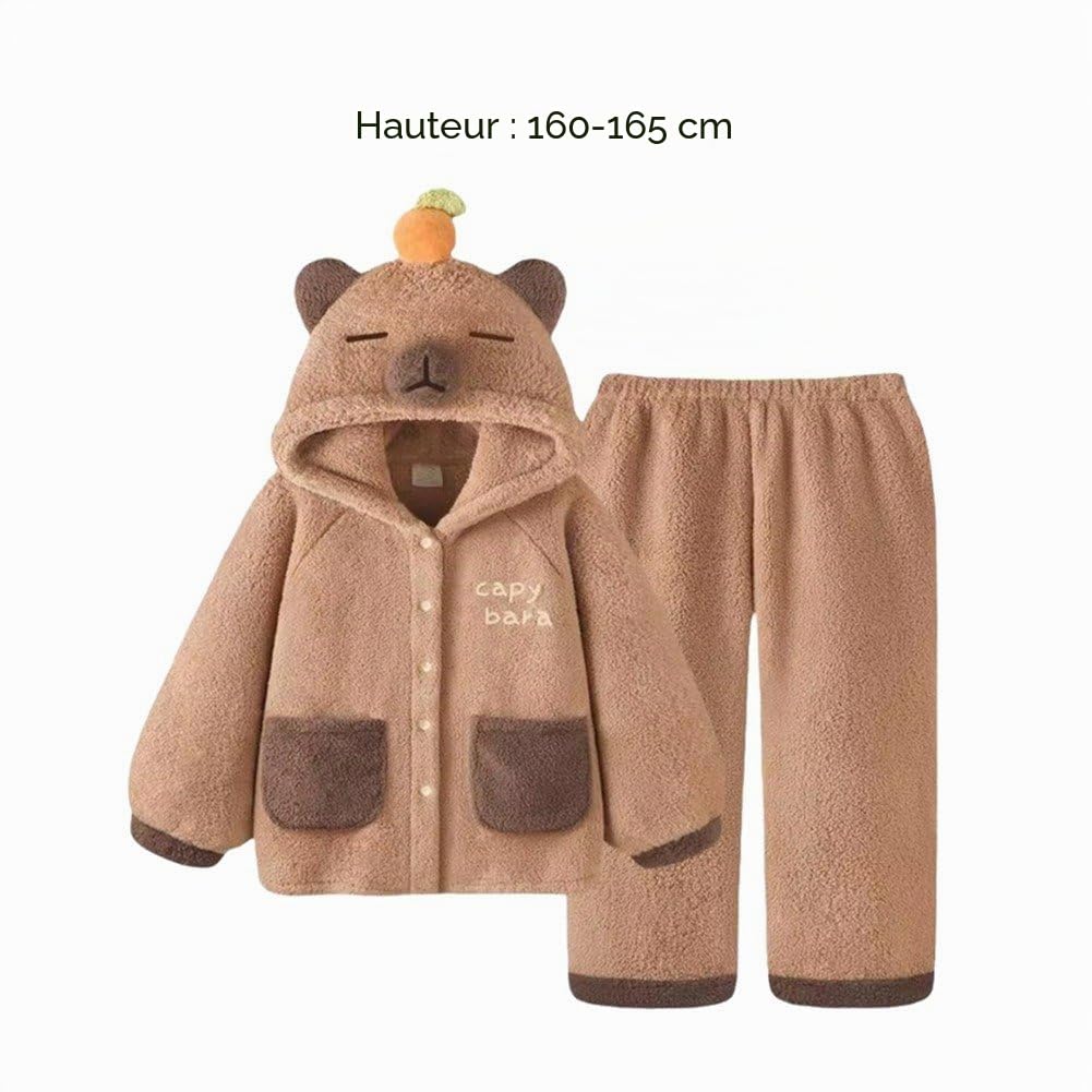 Mignon Capybara Corail Polaire Pyjamas Ensemble Imprimé Animal en Peluche À Capuche Pyjamas Taille Élastique Polaire Pantalon Élégant Femmes Vêtements Chauds