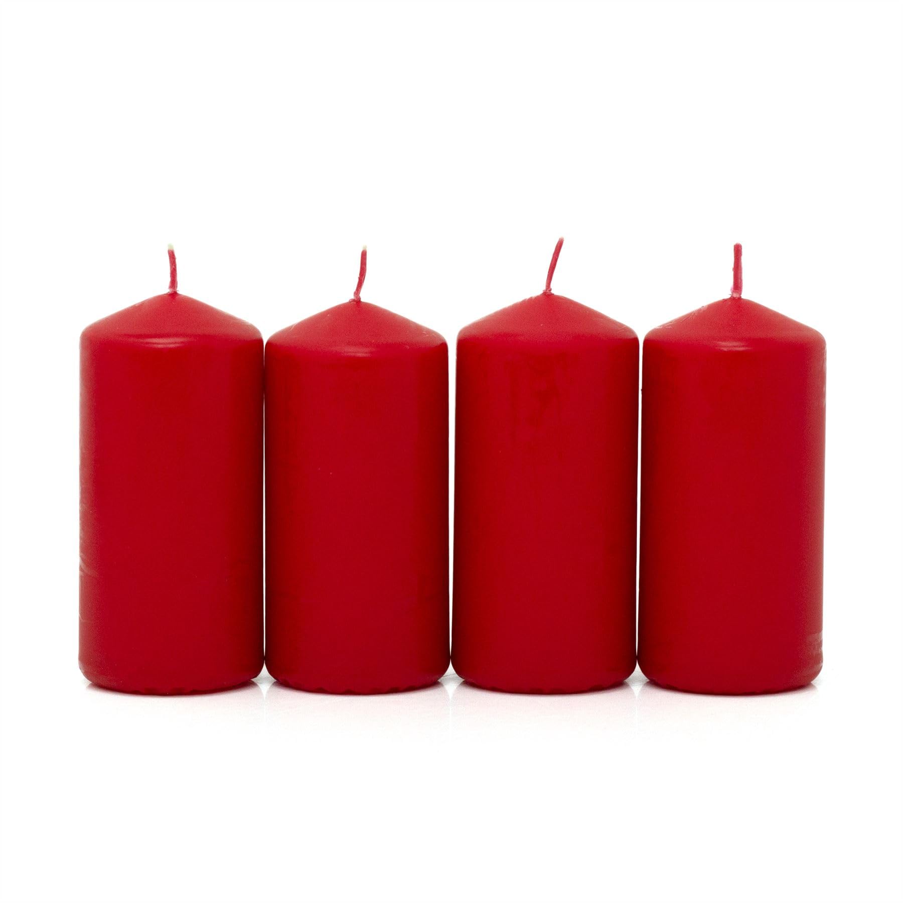 Set of 4 Red Pillar Candles | Unscented Wax for Home, Events & Decor | Classic Candles with Approx. 25-Hour Burn Time - 5x10cm