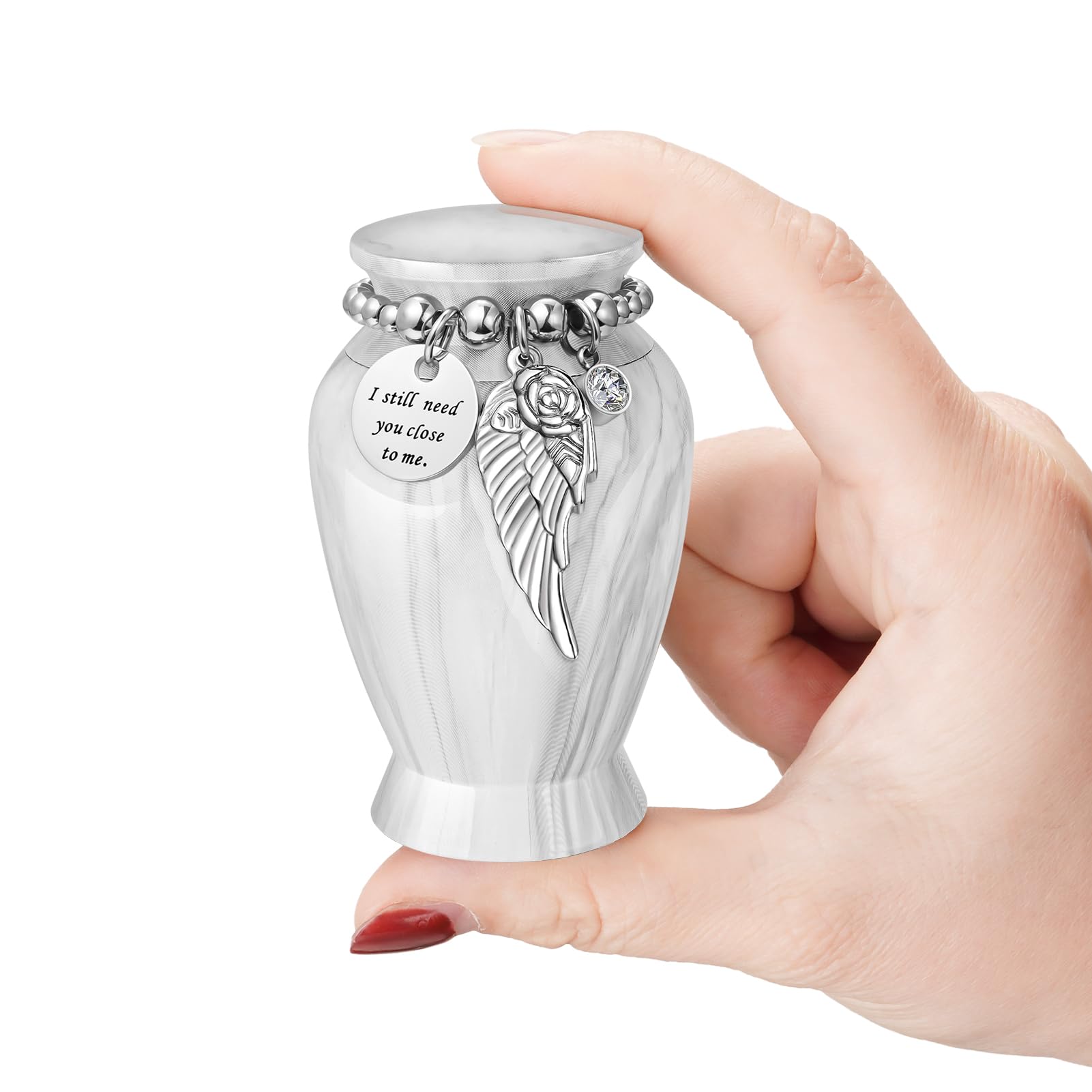 Memorials Small Urns for Human Ashes Keepsake Aluminum Mini Urns for Ashes with Angel Wing Charm Decorative Burial Urn Funeral Cremation Urns for Women and Men (Marble White)