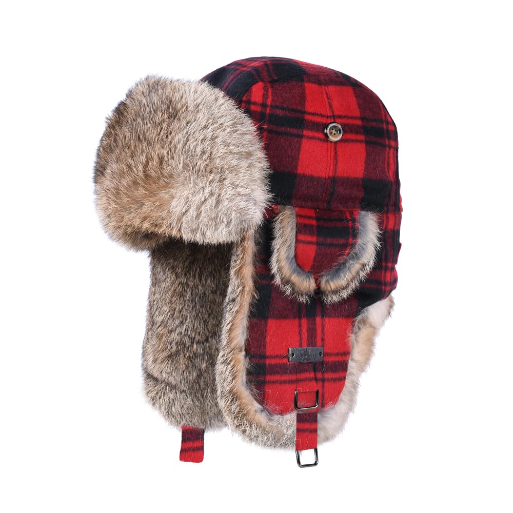 Fur Winter Trapper Hat,100% Rabbit Fur Aviator Ski Trapper Trooper Pilot Hat,Snow Eskimo Hat with Ear Flaps for Men & Women