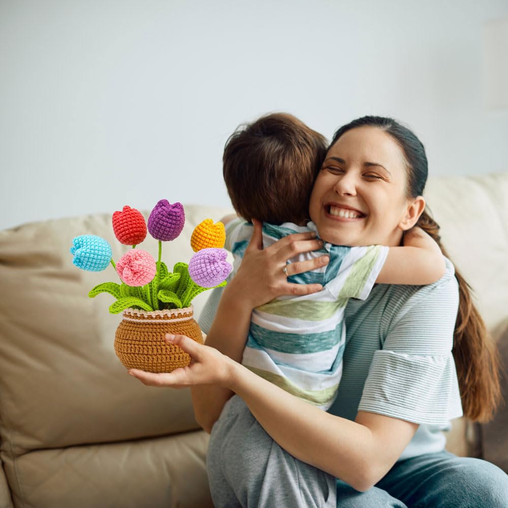 Mecmbj kit uncinetto principianti, Kit Tulipano all'uncinetto, Ornamento in vaso di fiori lavorato a maglia per donna, uncinetto per principianti per adulti con istruzioni video passo (Tulipani)