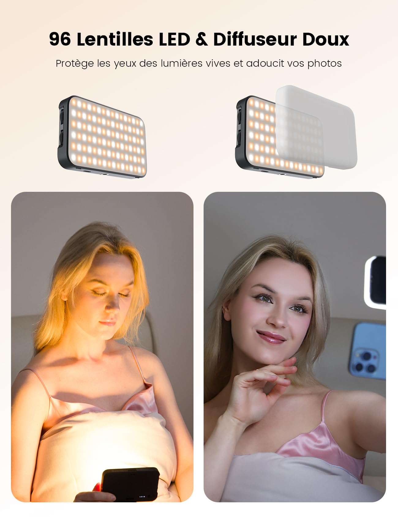 ANXRE Lumiere Vidéo sur Telephone Caméra avec Diffuseur Doux et Support Intégré – Lumière Vidéo Rechargeable avec 96 LED pour Selfie, Téléphone, Caméra, Idéale pour Maquillage, TikTok, Appels Vidéo