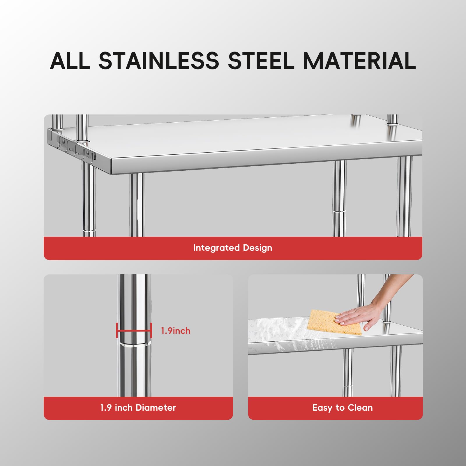 Mesa de trabajo de cocina profesional de acero inoxidable, mesa de preparación con 3 estantes ajustables, ganchos extraíbles, capacidad de carga 662 kg, encimera para cocina, restaurante, Atelie