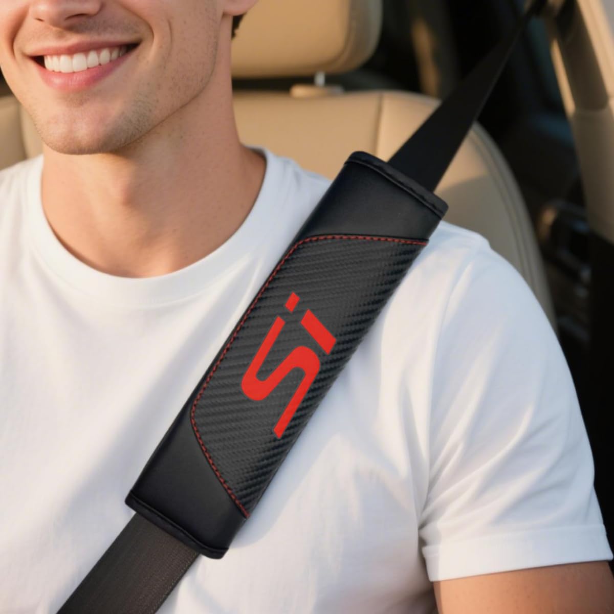 HUIANTS 2Pcs Carbon Fiber Leather Seat Belt Cushions Shoulder Pad Soft for Honda Civic SI Accessories, Car Seat Belt Pads Safety Belt Cover Pad More Comfortable Driving (SI)