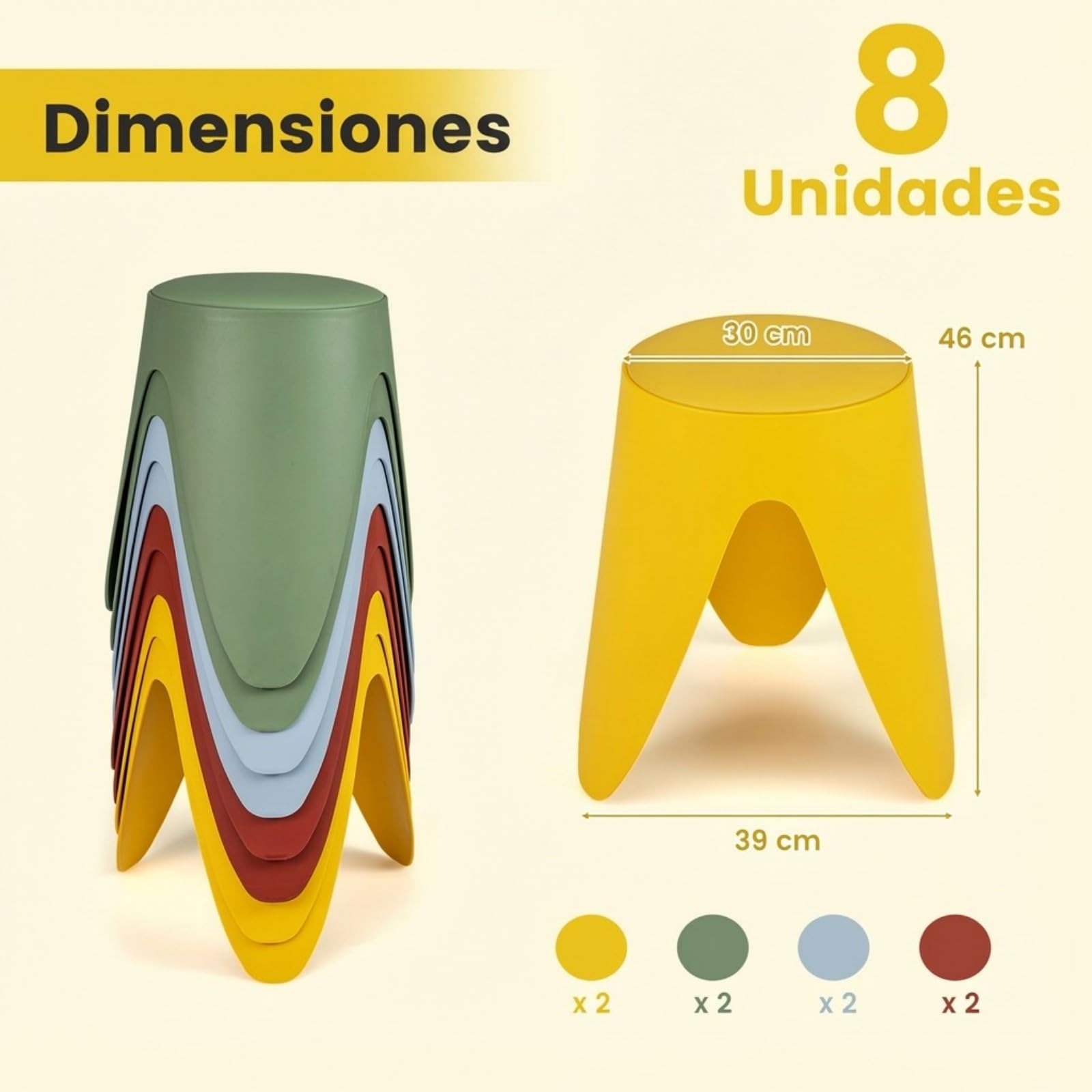 COSTWAY Juego de 8 Taburetes Apilables, 46 CM Taburetes de Plástico Encajables, Sillas Portátiles sin Respaldo para Colegio Aula Estudiantes Adultos Salón Comedor Oficina, sin Montaje, Coloridos