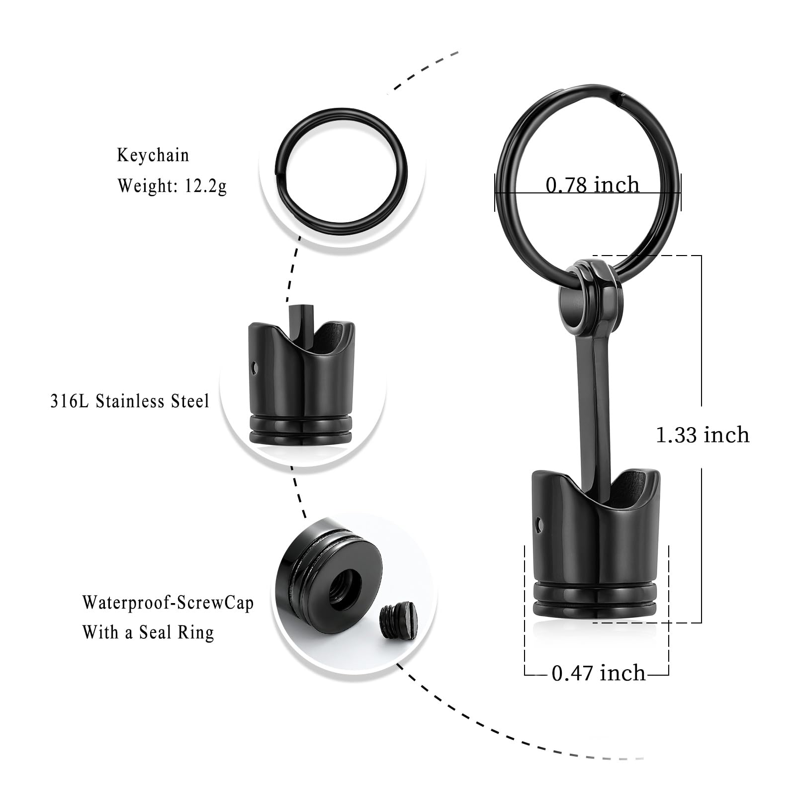Car Parts Stainless Steel Piston Cremation Urn Necklace For Men Keepsake Memorial Jewelry Hold Ashes(Black-Keychain)
