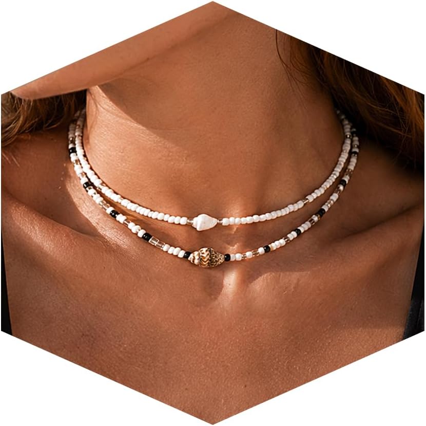 Bohemian Sea Starfish Necklace, Layered Boho Beaded Choker with Pearl &Shell Charms, Hawaii Vacation Beach Jewelry Gifts for Women