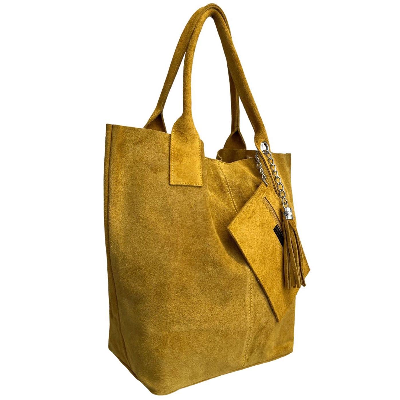 Sac shopper pour femme en daim véritable, avec étui à bijoux de la même couleur - Sac à main - Sac à bandoulière