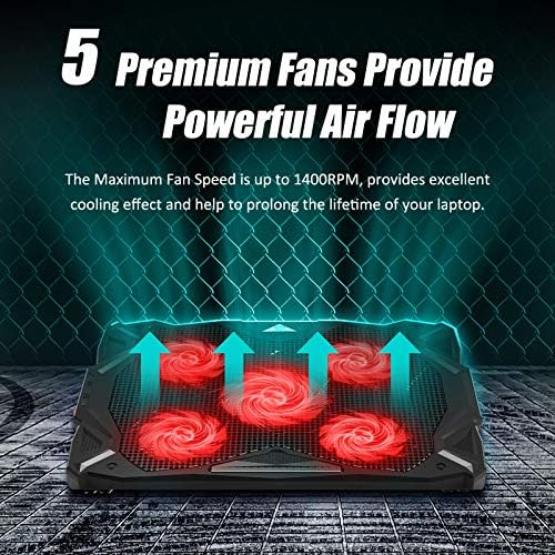 CP3 Laptop Cooling Pad 5 Quiet Fans Laptop Cooler, Support Up to 17.3 Inch Heavy Duty Notebook, Gaming Laptop Cooling Stand with LED Light for Gaming, Office, Work from Home (Red)