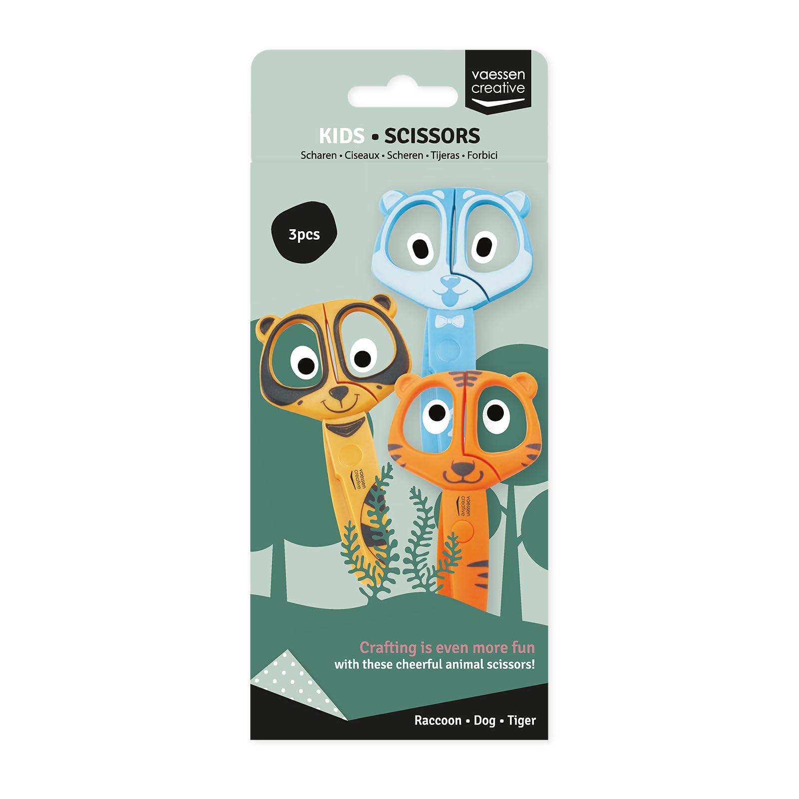 Vaessen Creative Set di Forbici per Bambini Procione, Cane, Tigre - 3 pz da 12 cm - Forbici punta arrotondata per la Sicurezza - Per Mancini e Destrimani - Progetti Creativi e di Hobbistica