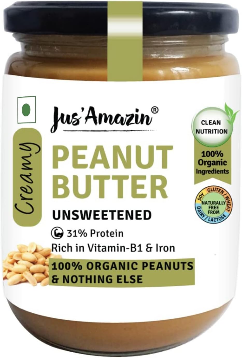 Jus' Amazin Creamy Organic Peanut Butter All Natural - Unsweetened (500g), 100% Organic Ingredients Vegan & Keto