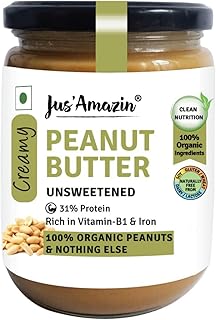 Jus' Amazin Creamy Peanut Butter - Unsweetened (500g) | 31% Protein | Single Ingredient - 100% Organic Peanuts (no Added Sugar/Salt) | Dairy Free | Keto | Clean Nutrition