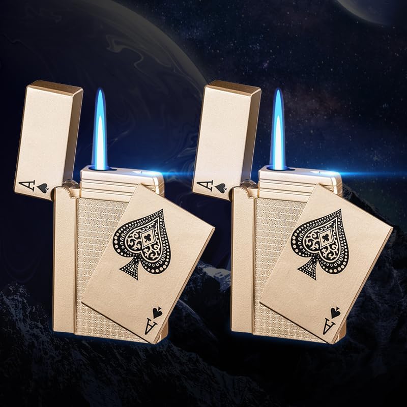 Encendedor de póquer de metal de 2 piezas, recargable y ajustable, divertidos encendedores de llama de chorro a prueba de viento, para cumpleaños,