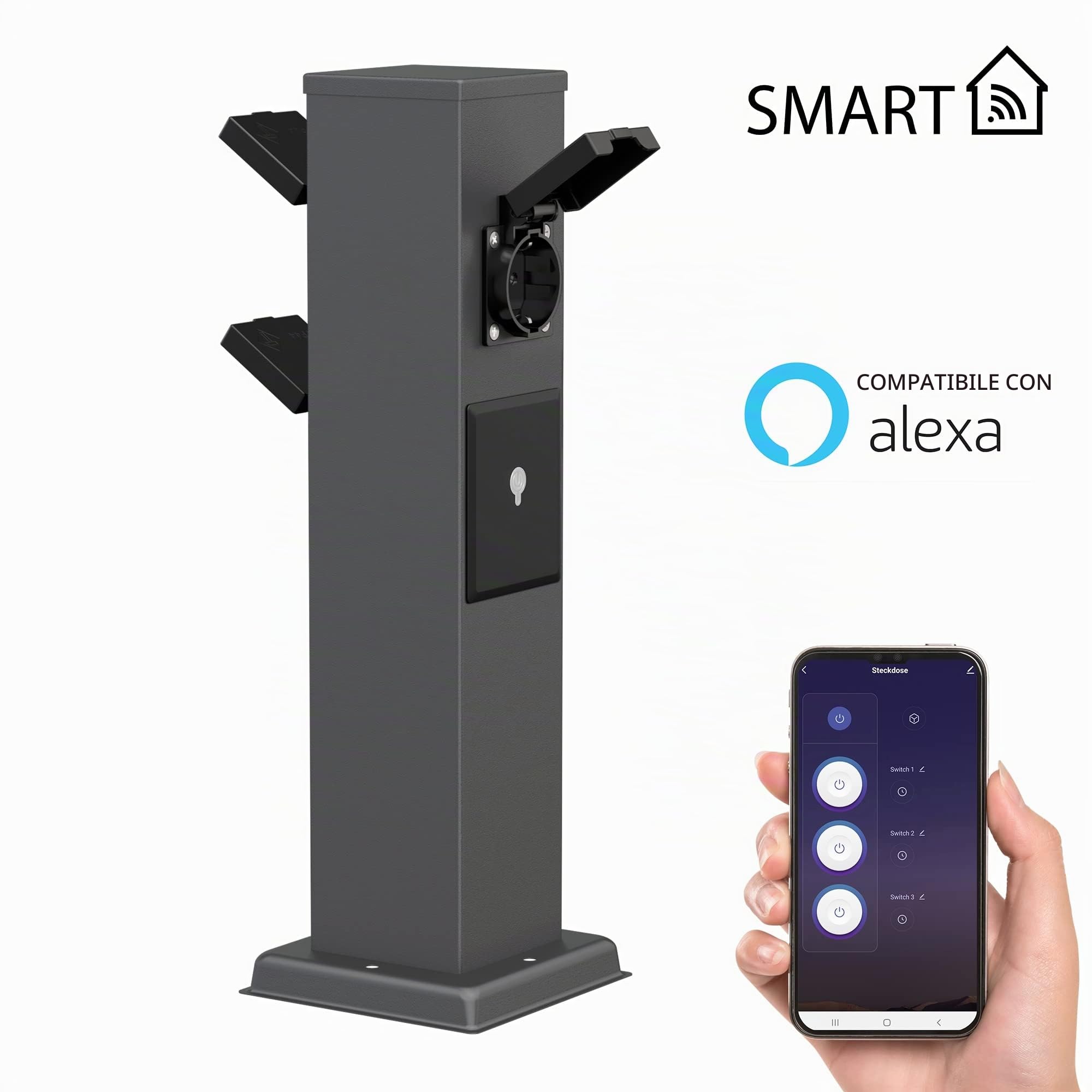 ledscom.de Presa da giardino a colonna POLLY per esterni, IP44, Smart Home, WLAN, Alexa, a 3 vie, acciaio inox, antracite, angolare, 40 cm