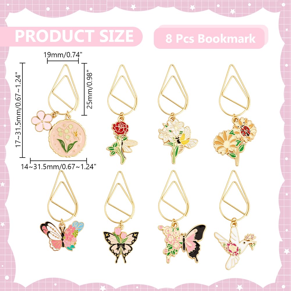 Lot de 8 trombones en métal en forme de fleurs - Jolis marque-pages avec émail - Fleurs et papillons - Cadeau pour les amateurs de livres - Marque-page - Articles de papeterie - École
