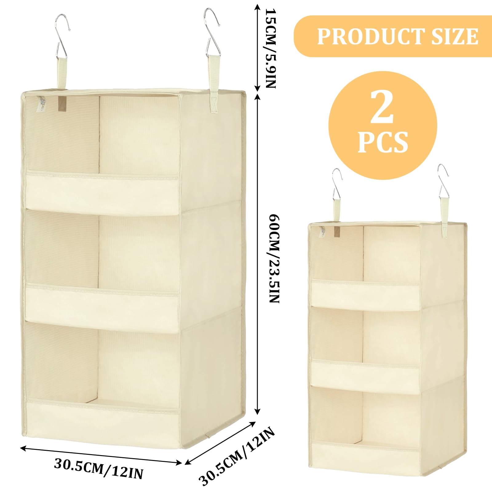 Estantes de almacenamiento colgantes de 3 estantes, 2 unidades, plegables de tela no tejida, estantes apilables para armario, color beige, solución de ahorro de espacio para almacenamiento en el hogar