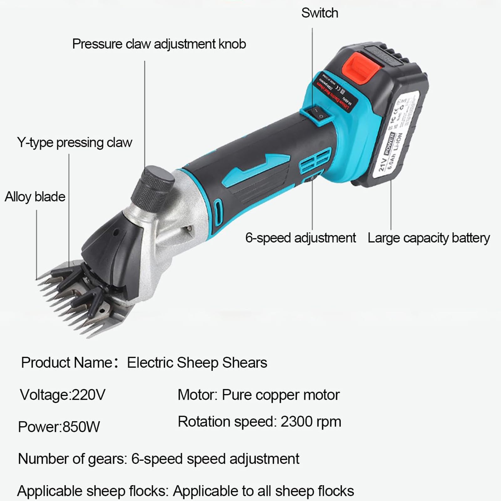 Esquiladora De Ovejas Inalámbrica, Máquina Eléctrica Con 2 Baterías 6000 mAh, 6 Velocidades, Cuchillas 9/13 Dientes, Cortadora De Lana Para Ovejas, Cabras Y Alpaca 13-teeth