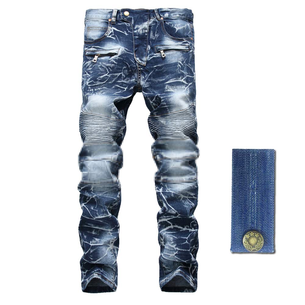 LZLER Slim Fit Biker Jeans for Mens, Distressed Straight Moto Denim Pants with Zipper Deco - Blue - 28