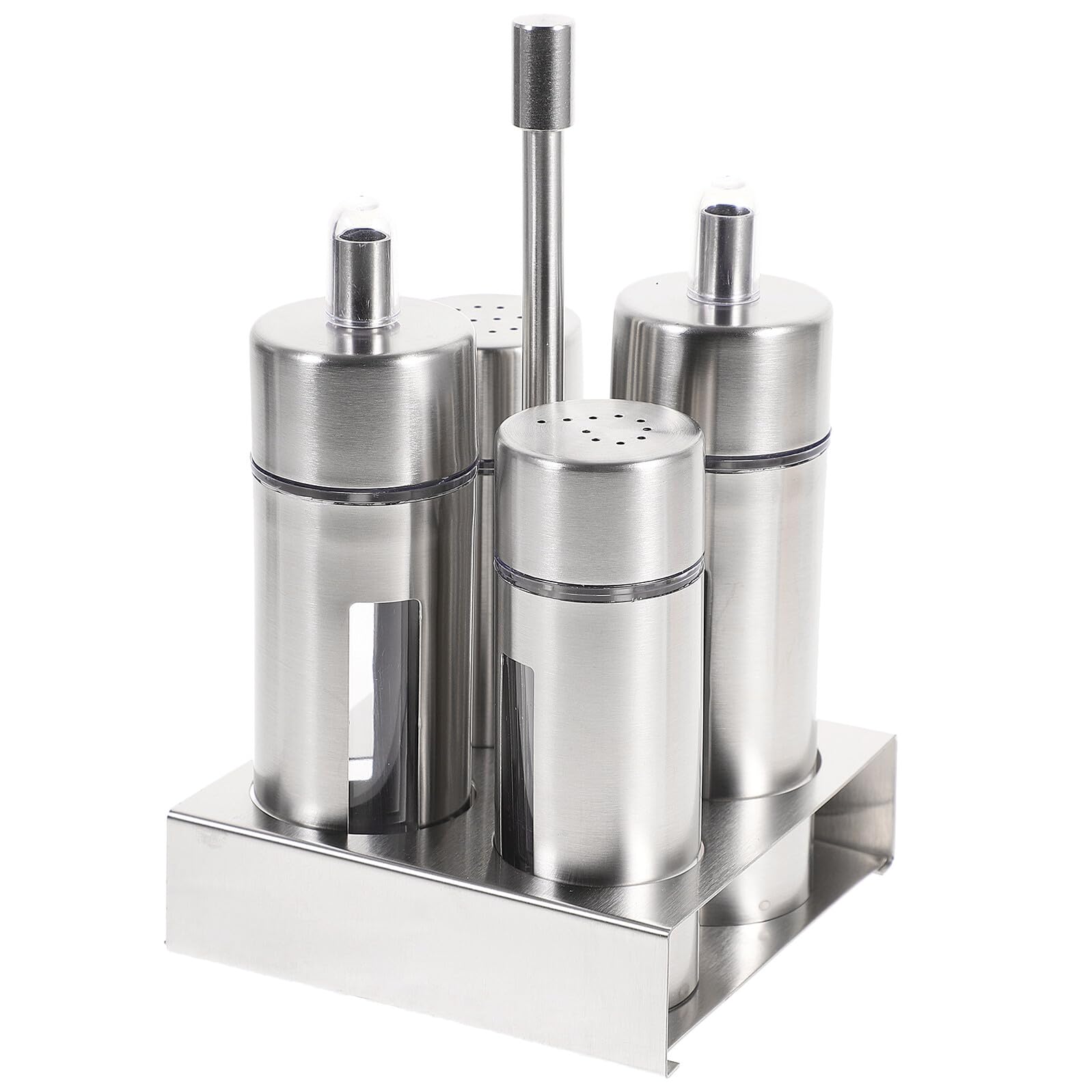 Juego de Salero y Pimentero Acero Inoxidable Aceitera y Vinagreras, Set de 4 Recipientes Transparentes Extraíbles para Condimentos, Base para Cocina y Comedor, Dispensador Sal