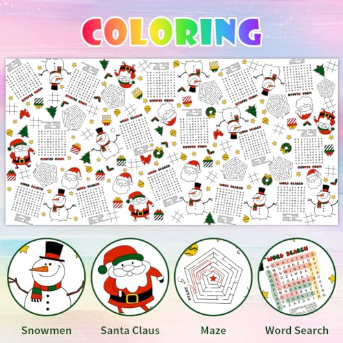 Labeol 1 Pack Christmas Tablecloth, Christmas Coloring Tablecloth for Kids, 54"x108" Giant Santa Claus Snowman Maze Color-in Paper Poster Table Cover for Winter Party Arts and Crafts – Image 3