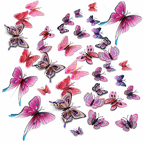 Topixdeals 36pcs 3D Double Wings Butterfly Stickers Making Stickers Wall Stickers Crafts Butterflies with Sponge Gum and Pins (Pink)