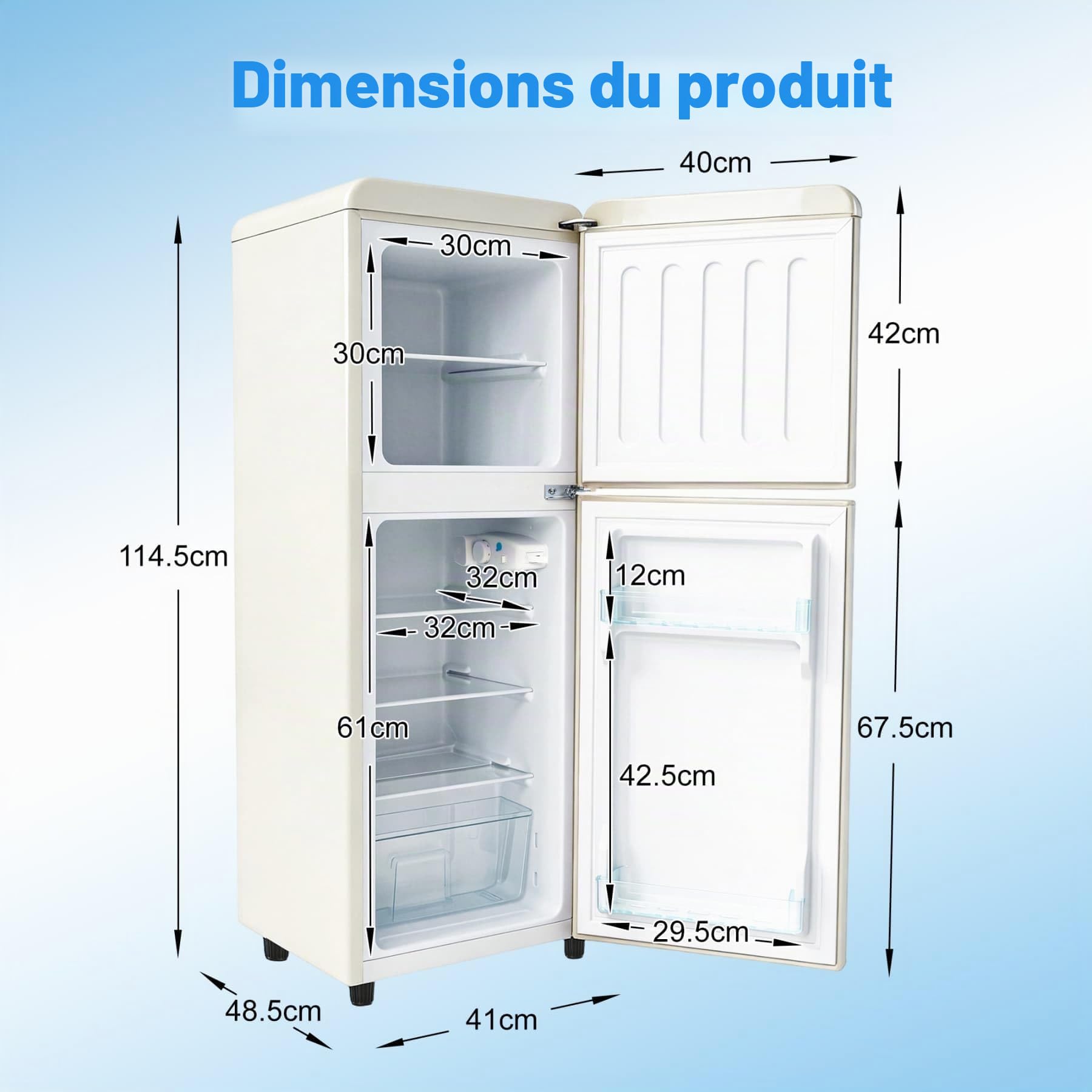 YEHTOKHOME Réfrigérateur à 2 portes,Petit Frigo,7 niveaux de réglage de la température,éclairage LED,étagères réglables,classe énergétique E,pour cuisine,salon et bureau (Blanc cassé, 112 L)