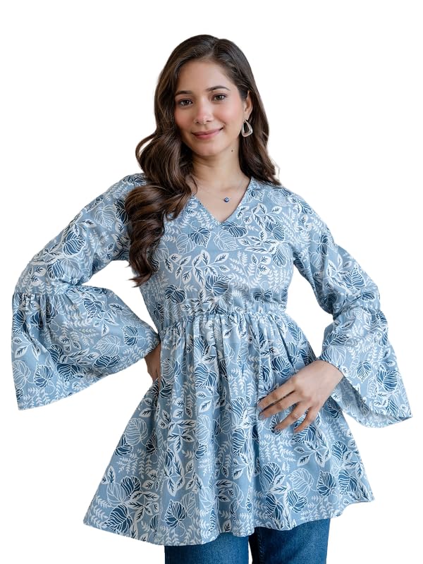 Image of AHMI New Cotton Floral Printed Flared Casual Tunic Kurta for Women | Women Tunic Top